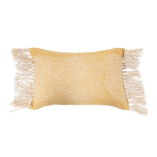 Mustard Stonewashed Dot Pattern Cotton Slub Lumbar Pillow with Fringe